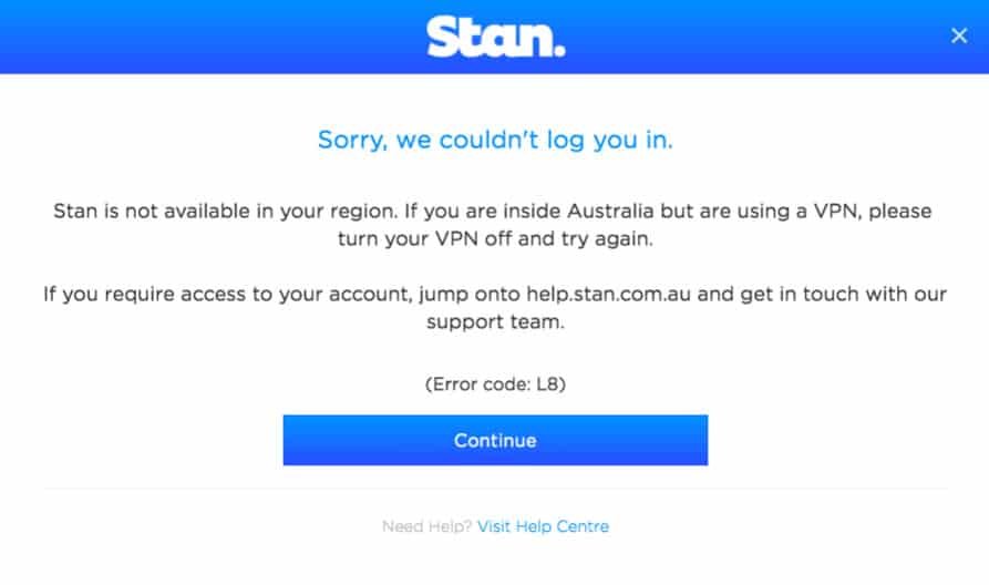Stan geo-locking error while streaming outside Australia